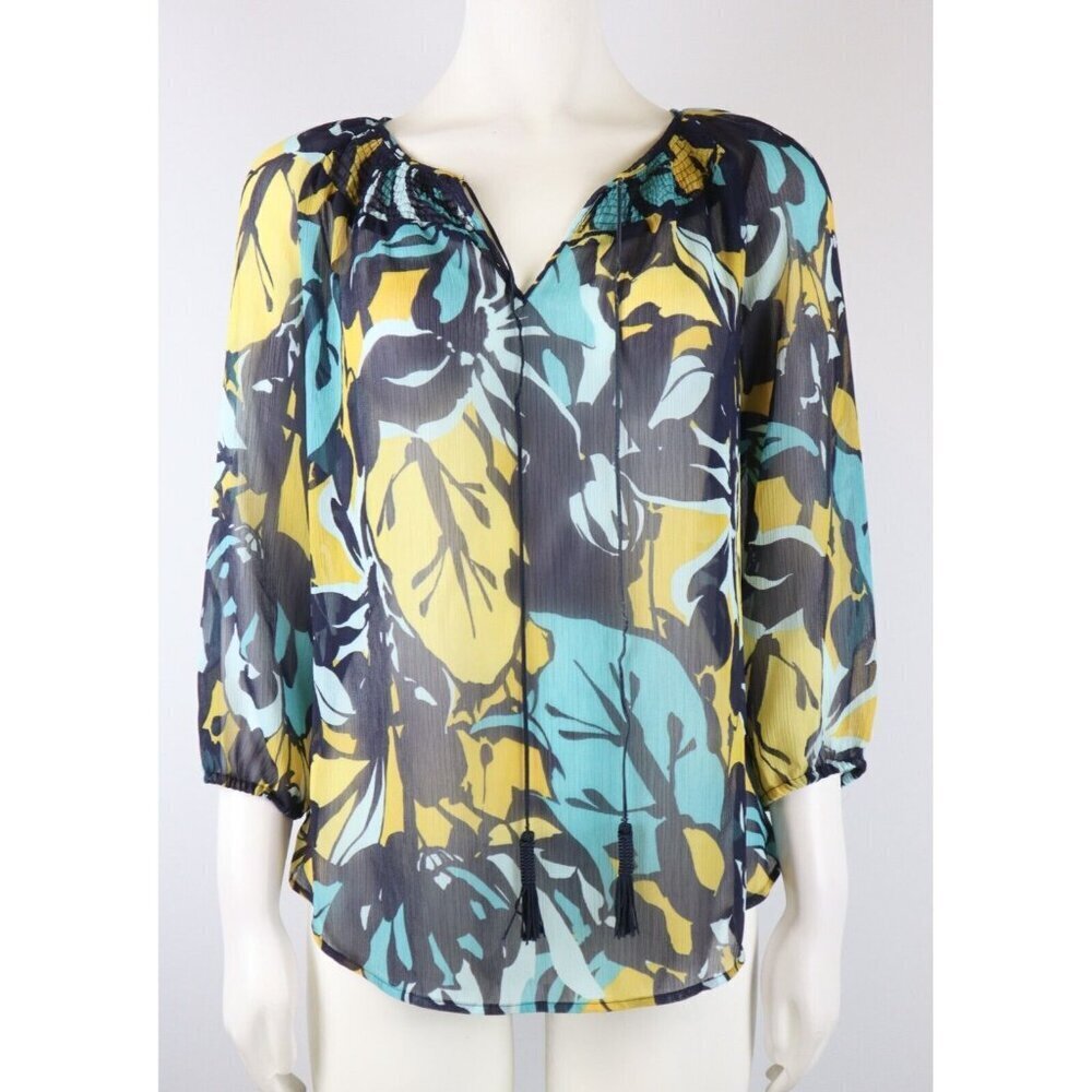 WOMEN'S BLUE FLORAL PRINT SHEER 3/4 SLEEVE TOP - ST JOHN'S BAY - SIZE M